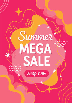 Eye catching summer sale poster featuring abstract waves and tropical decorations