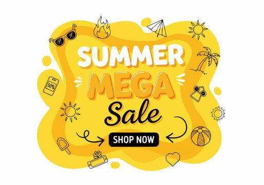 Modern shopping advertisement featuring sunny tropical theme and colorful flowing shapes