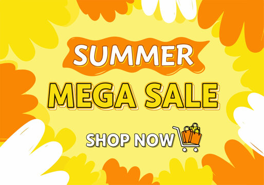 Vibrant discount advertisement with tropical illustrations and colorful abstract flowing patterns