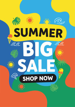 Vibrant colorful shopping promotion with tropical graphics and exciting seasonal marketing theme