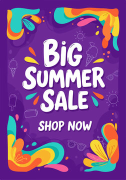 Vibrant sale poster featuring flowing abstract waves and tropical vacation inspired graphics