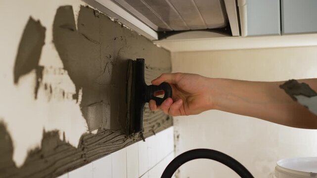 Professional tiler's hands spreading cement adhesive on a kitchen wall using a notched trowel, preparing the surface for ceramic tile installation during a detailed home improvement project