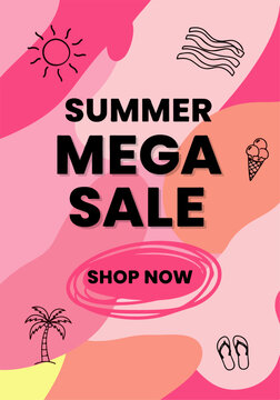 Vibrant summer sale banner with bold typography and flowing abstract waves