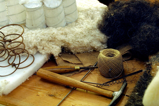 Craftsmans tools and materials for traditional hand-made bed and mattress upholstery