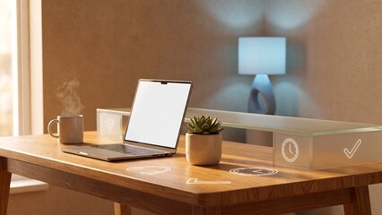 Naklejka premium Remote work setup concept with open laptop on wooden desk beside coffee mug and plant showing wifi clock and task checklist icons for flexible workflow