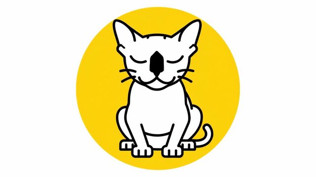 Minimalist Black Line Art Cat Yawning Inside Solid Yellow Circle with Clean Modern Graphic Design