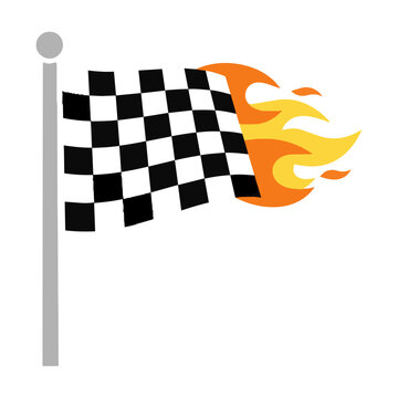 Checkered racing flag with stylized flame design on a pole isolated on white background speed and performance concept