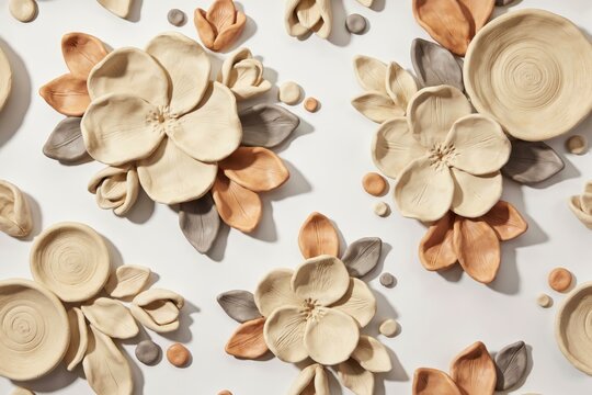 Seamless pattern of handmade clay flowers and leaves in neutral beige, terracotta, and grey tones arranged on a plain white background