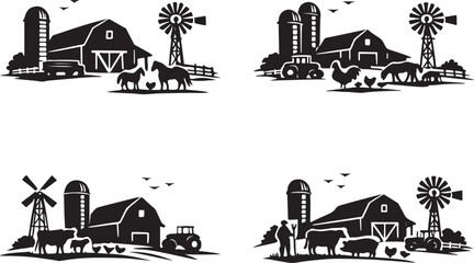 Obraz premium country scenes featuring barns, silos, windmills, tractors, and farm animals, symbolizing agriculture and rural life silhouette vector