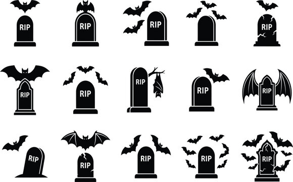 Spooky halloween vector bundle tombstones bats rip graphics for creepy designs