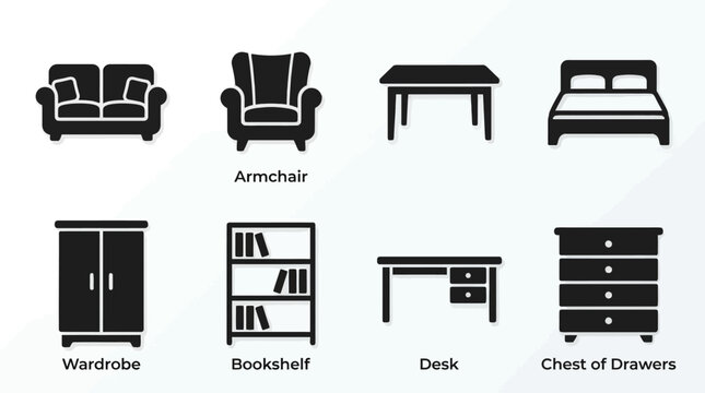 Modern collection of black silhouette furniture icons for home interior design and furnishing elements in a house
