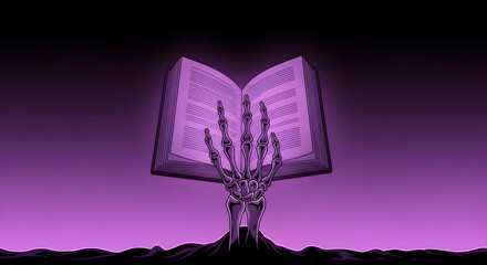 A Skeleton Hand Emerging from the Ground Holding an Open Glowing Book in a Dark Surreal Purple Landscape © Afchana