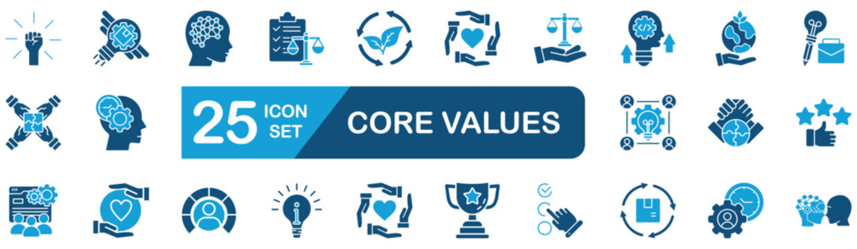 core values Web Icon Set in Blue style Flat. vector illustration concept relate to including freedom, integrity, sustainability, and creativity