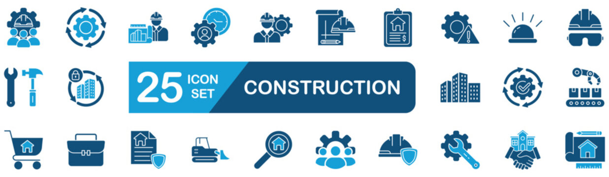constructions Web Icon Set in Blue style Flat. vector illustration concept relate to gears,engineer,contruction service,digging