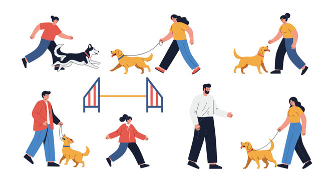 Diverse people walking and training their dogs in an outdoor setting showing various canine breeds and obedience activities together.
