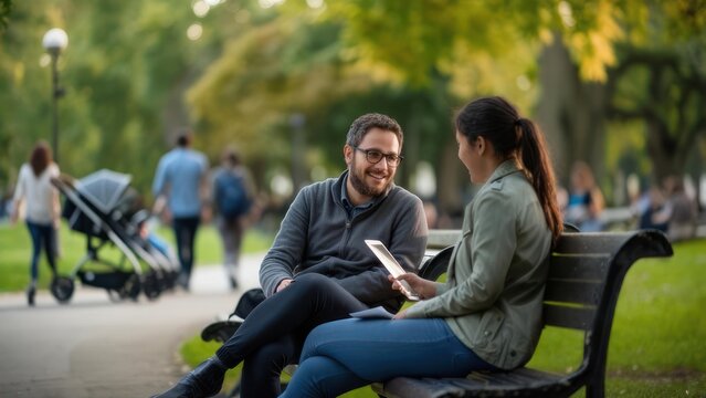 Couple interacting in park