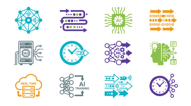 Set of Twelve Flat Style Artificial Intelligence and Machine Learning Icons