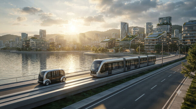Autonomous tram and shuttle pod travel along a modern city waterfront