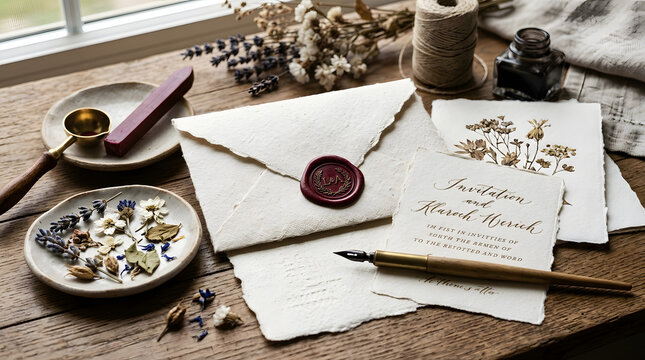 Handcrafted Wedding Invitation Set with Wax Seal and Pressed Flowers on Wooden Table