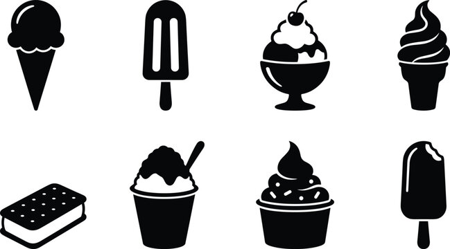 Ice cream and frozen dessert icon set featuring a waffle cone, popsicle, sundae bowl, soft serve, ice cream sandwich, shaved ice cup, and bitten ice pop.