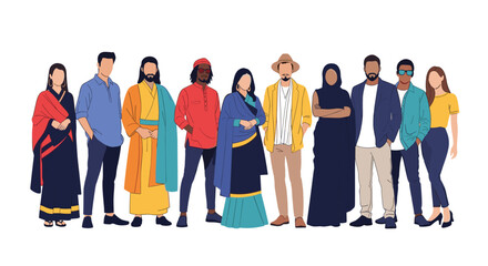 Obraz premium Large group of diverse people from different cultures and countries standing together in a row wearing various traditional outfits.