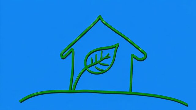 Simple house icon with leaf growing from chimney during bright daylight on blue background