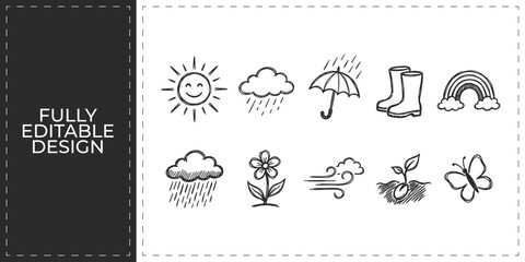 Obraz premium Weather Forecast and Meteorological Conditions Doodle Icons Featuring Clouds Rain Snow and Storm Symbols for News Report and Seasonal Climate Research Design Projects
