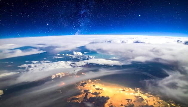 Aerial view of city lights through thick cloud layer.