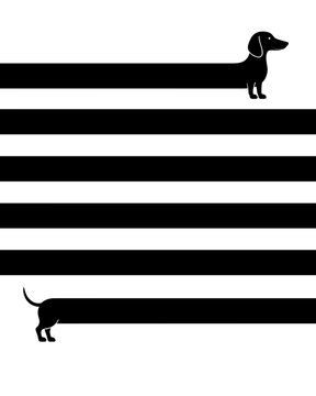 Minimalist optical illusion of an extremely long dachshund blending into horizontal black stripes, creating a playful visual pun about the breed&rsquo;s famously elongated body.
