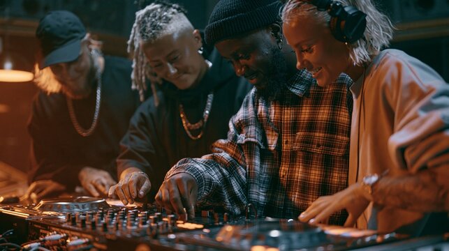 Multicultural DJs Work Together in a Recording Studio for a Live Performance Preparation