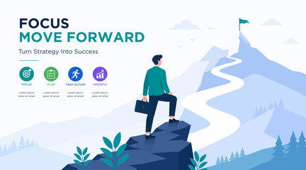 Plakat Business growth strategy success roadmap vector banner featuring a businessman advancing toward a mountain goal. Corporate presentation illustration with focus, planning, action and leadership