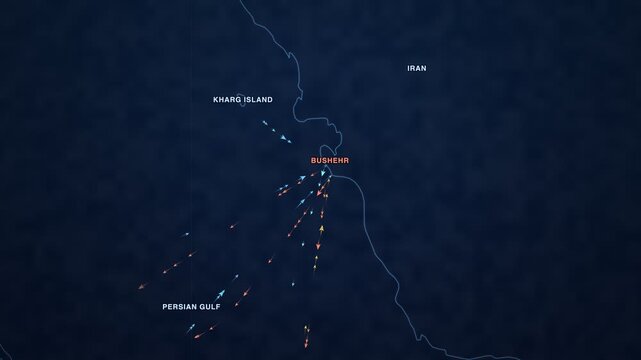 Maritime shipping-traffic map of Bushehr on the central Persian Gulf coast of Iran &mdash; a blueprint wireframe schematic with vessels moving slowly along the sea lanes, animated aerial loop