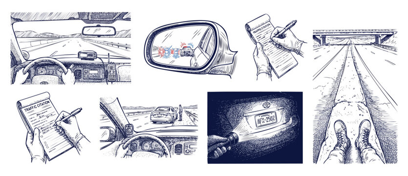 Police traffic stop illustration set featuring highway patrol officer perspective writing speeding ticket, pulling over driver, side mirror police lights, engraving sketch of law enforcement duty.