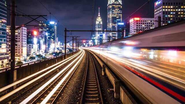 Motion blur of high-speed train passing through city night.