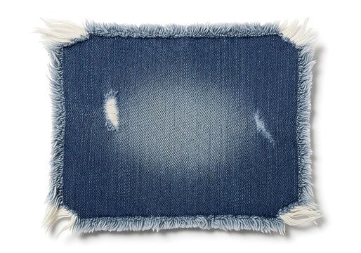 A blue denim fabric with frayed edges and white threads