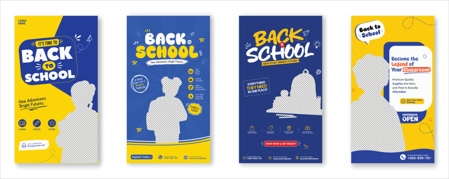 Back to School Social Media Story Template Set, Education Admission Promotion Banner Collection, Modern Blue and Yellow Vertical Vector Design for Student Enrollment Campaign