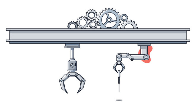 Complex industrial scene shows robotic arms and a series of interlocking gears working together in a factory.