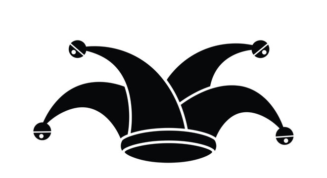 Black silhouette of a traditional jester hat with four curved points and small bells on the ends for carnival themes.