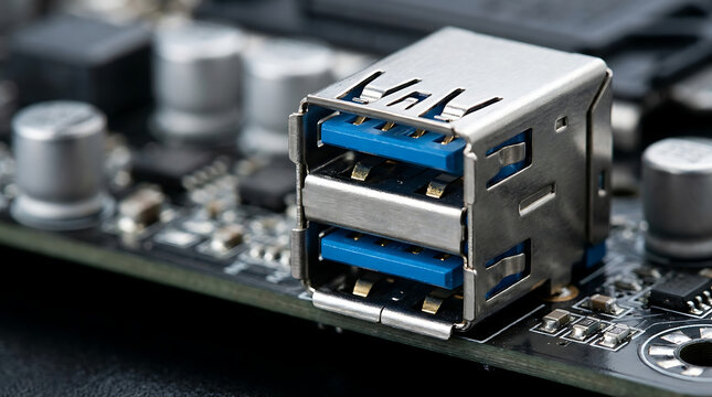 Dual USB Connectors Mounted on a High Performance Electronic Motherboard Printed Circuit Board