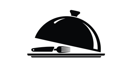 Fototapeta premium Black silhouette of a restaurant cloche on a plate with a fork and knife partially visible underneath for dining themes.