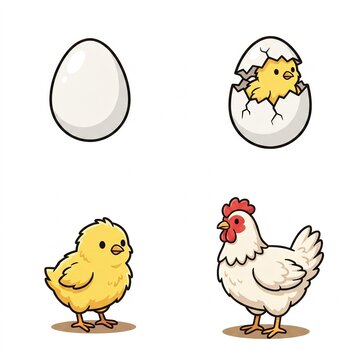 Chicken life cycle. Stages of the process. Illustrations for preschoolers