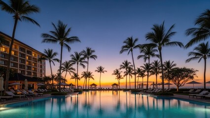 Obraz premium Luxury tropical resort swimming pool with palm trees sunset.