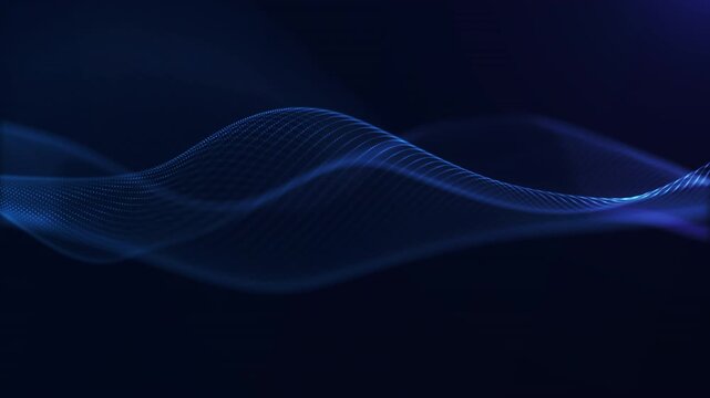 Dark blue digital wave background with glowing particle grid, smooth abstract motion, futuristic data flow and clean technology design.