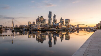 Fototapeta premium Luxury Waterfront Marina Skyline at Sunset with Modern Skyscrapers, Premium Yachts and Contemporary Urban Architecture