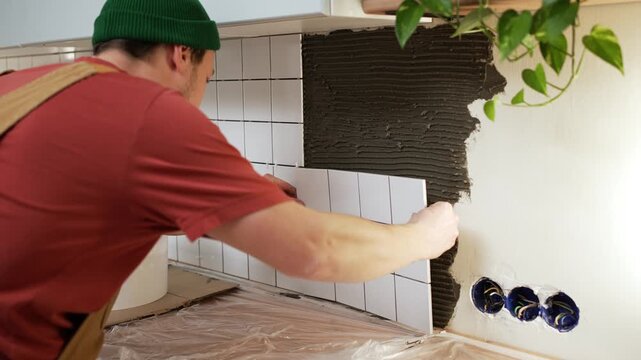 Young male construction worker in overalls applying a sheet of small white ceramic tiles onto the kitchen wall, carefully aligning and pressing it into the dark adhesive during renovation