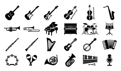 Premium musical instrument silhouette vector pack featuring guitar violin saxophone trumpet piano drum flute harp and music icons isolated on white background © MdShojib