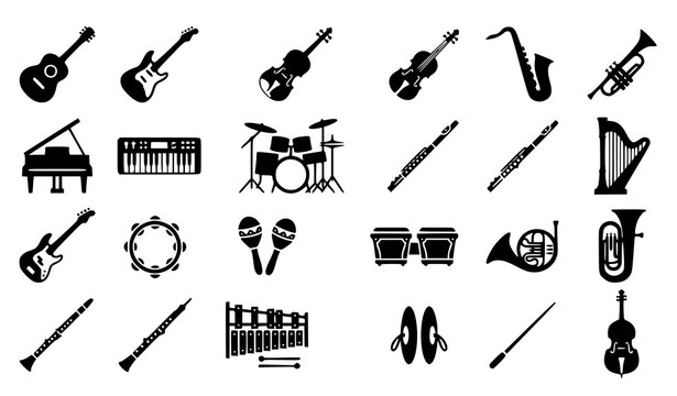 Musical instrument silhouette vector collection with guitar violin saxophone trumpet piano drum flute harp and orchestra icons isolated on white background