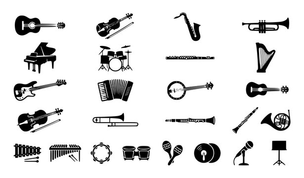 Professional musical instrument icon set with guitar piano violin saxophone drum and orchestra silhouette symbols isolated on white background