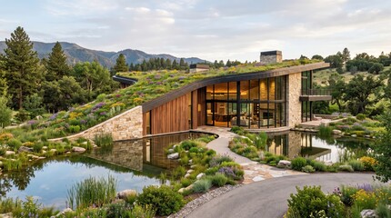 Fototapeta premium Sustainable Living Green Roof Modern Villa with Natural Pond and Meadow Garden