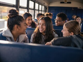Obraz premium Diverse Group of Happy Teenagers Talking and Laughing Together on a School Bus During Their Morning Commute to High School